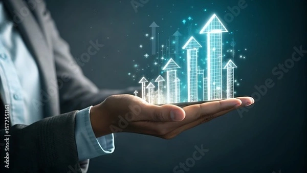 Obraz Hand Holding Glowing Arrow Graphics Symbolizing Potential, Growth, and Positive Direction for Progress and Success.
