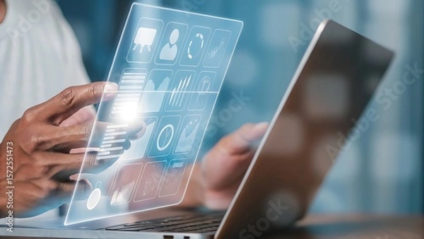 Obraz Innovating with Transparent Digital Interface: User Interacting with Modern Technology on Laptop Display for Data and Analysis.