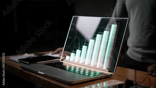 Obraz Laptop Displaying Business Growth Chart on Desk, Showing Financial Progress and Positive Trends for Planning.