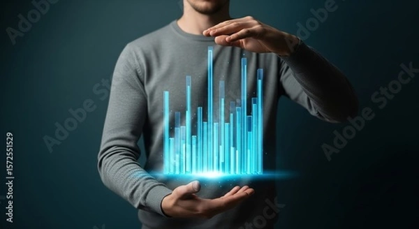 Obraz Man Holding 3D Holographic Bar Chart — Business Data Analytics Visualization on Futuristic Interface