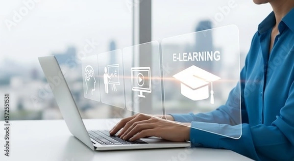 Obraz Modern E-Learning Concept with Oversized Educational Floating Above Laptop –Technology UI Background