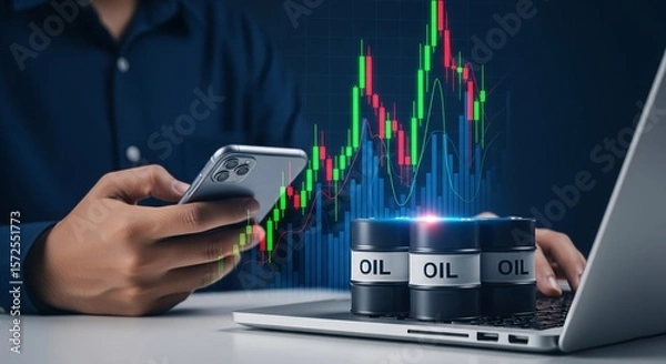 Obraz Oil Trading Concept with Barrel and Candlestick Chart on Laptop – Investment and Energy Market Visualization