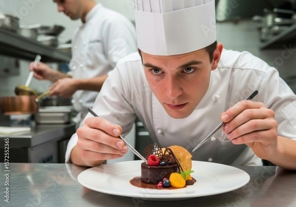 Obraz Professional Chef Perfecting Chocolate Dessert Presentation with Chopsticks in Restaurant Kitchen