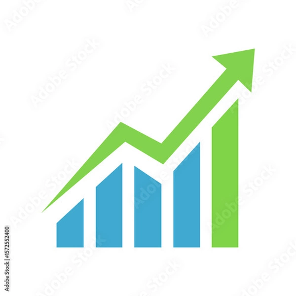 Fototapeta Flat vector illustration of a rising bar chart with a green upward arrow and blue columns, symbolizing business growth or success, on white background.