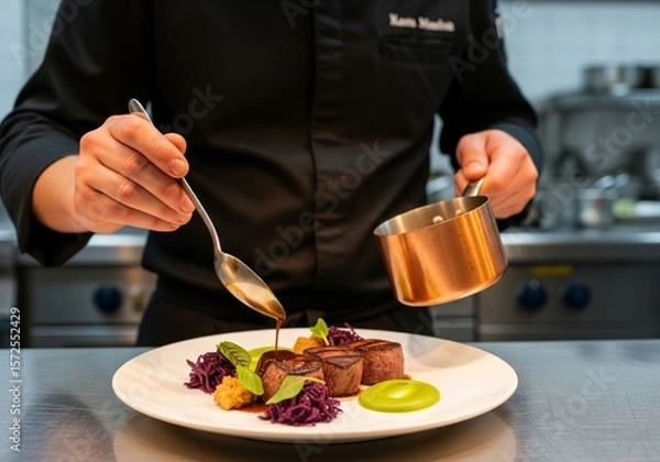 Obraz Professional Chef Plating Gourmet Beef Dish with Sauce in Fine Dining Kitchen