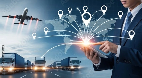 Obraz Smart Logistics and Global Supply Chain Network with Delivery Trucks and Tracking