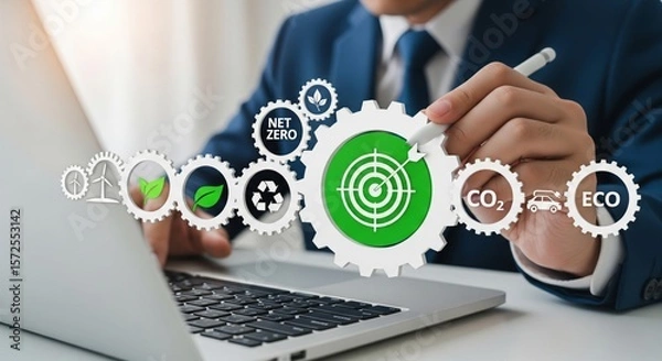 Obraz Sustainable Business Target with Green Energy – Eco Goals and Net Zero Strategy Illustration