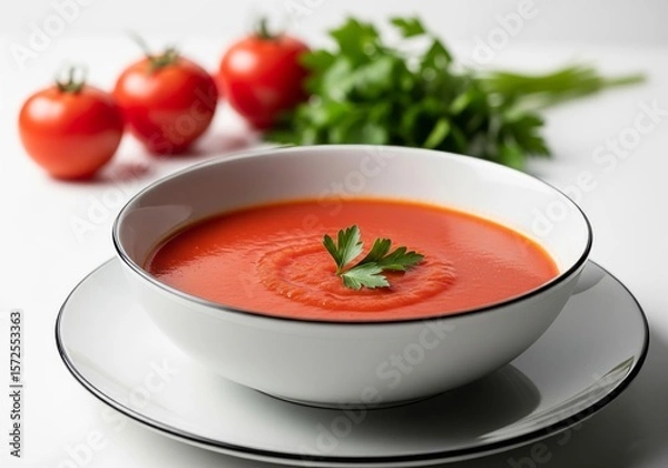 Obraz Tomato Soup with Fresh Parsley Garnish and Whole Tomatoes – Isolated on White Background