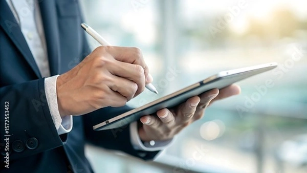 Obraz Man in formal attire uses tablet and stylus pen for digital creation and business presentations effectively.