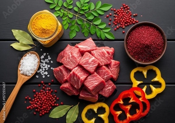 Obraz Top View of Fresh Raw Beef and Colorful Cooking Spices on Rustic Wooden Table - Food Ingredient Background