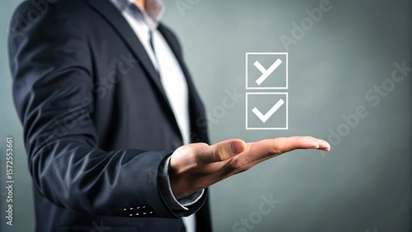 Obraz Man in suit presenting choice options, holding checklist icons, making decisions and managing tasks effectively for optimal business outcome.