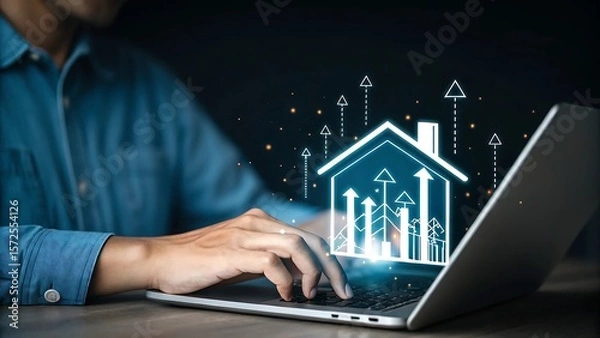 Obraz Man Typing on Laptop with Growing House Graphic Displayed, Representing Growth, Investment, and Future Plans.