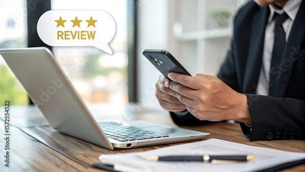 Obraz Managing Online Reputation: Businessman Using Mobile for Feedback and Rating on Laptop, Promoting Positive Results.