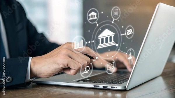 Obraz Online Banking Services Conceptualized: Person on Laptop Using Virtual Finance and Transaction Management.