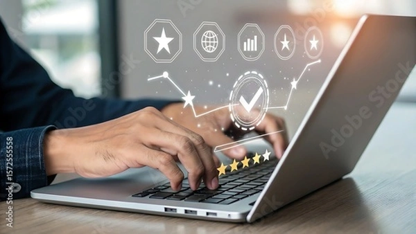 Obraz Online Service Rating Experience: Person Typing on Laptop with Star Rating and Positive Feedback Graphics, Showing Excellent Performance.