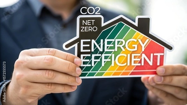 Obraz Net Zero Energy Efficient Home Concept Held by Person Promoting Environmental Sustainability and Lowering Carbon Footprint with Technology.