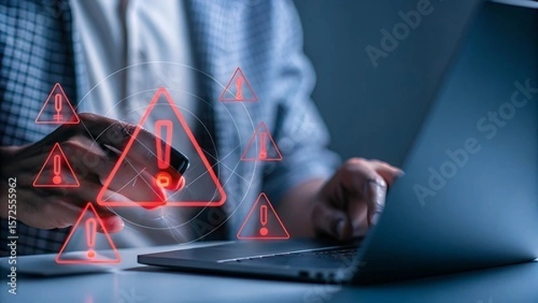 Obraz Person interacting with mobile device and laptop experiencing errors signaled by warning signs and digital overlay.