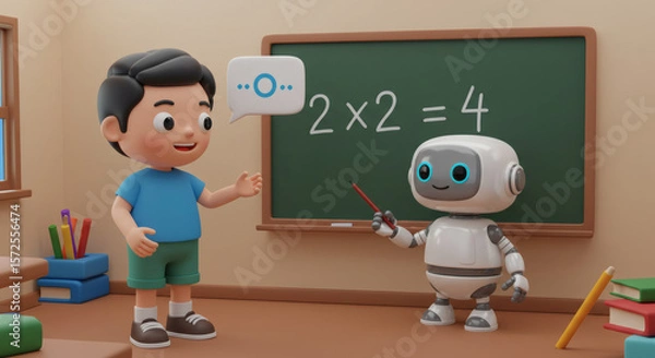 Fototapeta 3D illustration of student learning math with AI robot teacher