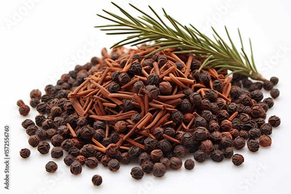 Fototapeta fresh spices cloves and peppercorns piled together with sprig of rosemary on white backdrop