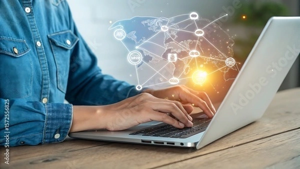 Obraz Person Using Laptop with Global Network Overlay for Online Communication and Connectivity.
