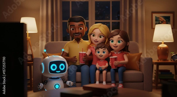 Fototapeta 3D illustration of happy family with cute robot companion at home