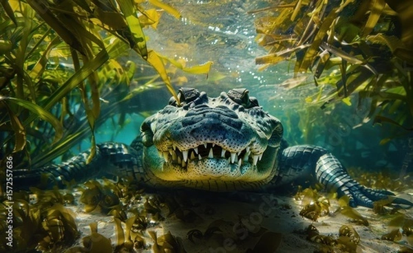 Obraz Captivating underwater view of an alligator lurking amidst aquatic vegetation