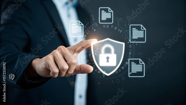 Obraz Secure Data Protection Concept: Man Interacting with Digital Shield and Document Icons for Confidentiality and Privacy.