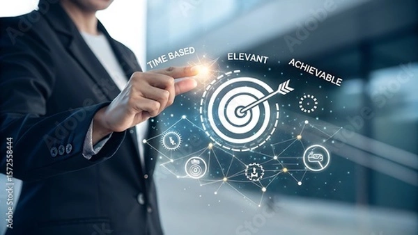 Obraz Setting Achievable Goals: A Businesswoman's Strategy for Relevant, Time-Based Objectives and Digital Success, Achieving Targets.