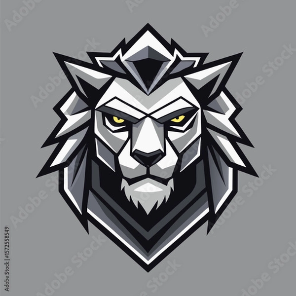Fototapeta Intense Lion's Face is Depicted with Geometric Shapes and Striking Yellow Eyes