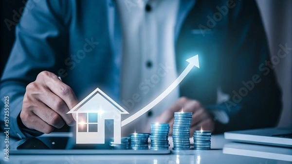 Obraz Achieving property appreciation and monetary investment growth symbolized by an upward arrow and stacked coins, financial planning