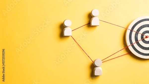 Obraz Achieving Shared Goal: Wooden Figures Connected to Target, Illustrating Connection, Collaboration, and Success on a Bright Yellow Backdrop.