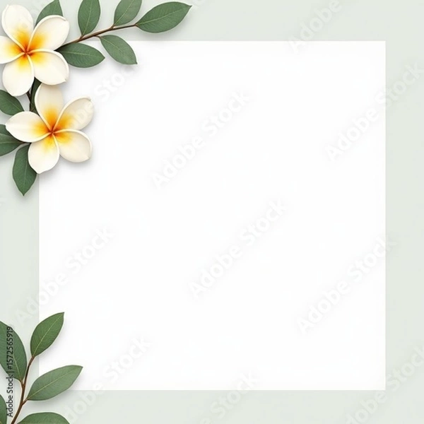 Fototapeta Minimal watercolor frame with two plumeria flowers and green leaves in the top left corner on white background. copy space. Tropical branding, packaging, invitations, or summer-themed stationery.