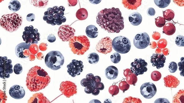 Obraz Watercolor Berry Delight: Seamless Pattern of Hand-Painted Fruits on White Canvas