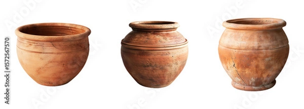Obraz A collection of antique handmade earthenware pots, vases, and jugs, in various shades of brown, is isolated on transparent background. PNG