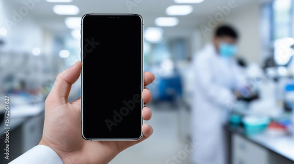 Fototapeta Gloved hand holding a smartphone with blank screen in a modern scientific laboratory environment.
