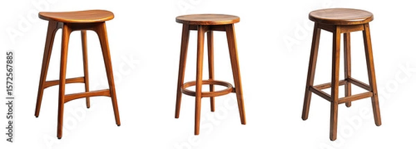 Obraz Set of classic wooden bar stools with round shape isolated on transparent background. PNG