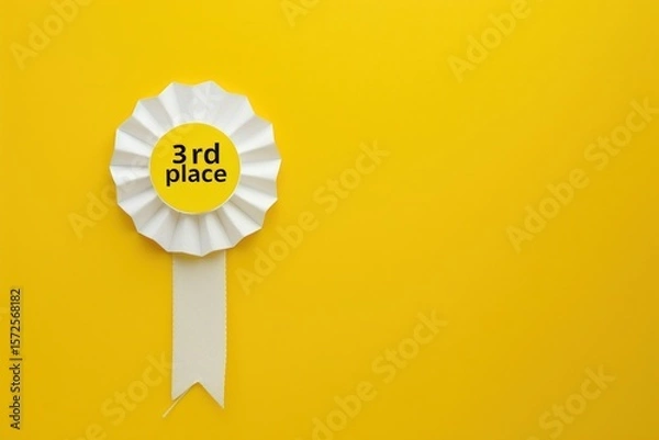 Obraz Conceptual third place award rosette on vibrant yellow background, prize for achievement