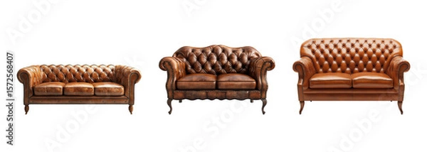 Obraz A collection of charming and plush vintage leather sofas isolated on a transparent background. PNG