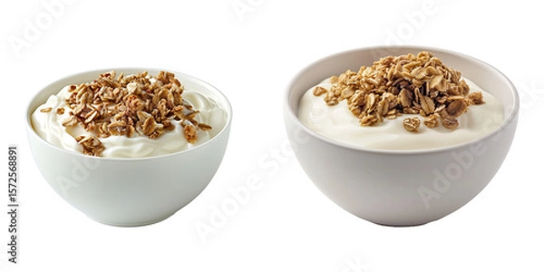 Obraz Set of white yogurt bowls with crunchy granola toppings perfect for a healthy breakfast, isolated on a transparent background. PNG