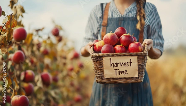 Obraz Farmer harvesting ripe red apples in wooden basket, walking through sunlit orchard during autumn fruit-picking season