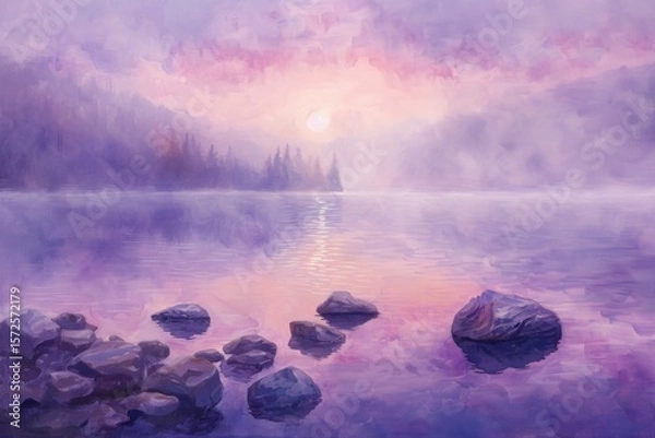 Obraz Serene lakeside sunrise with mist and rocks in tranquil purple hues painting