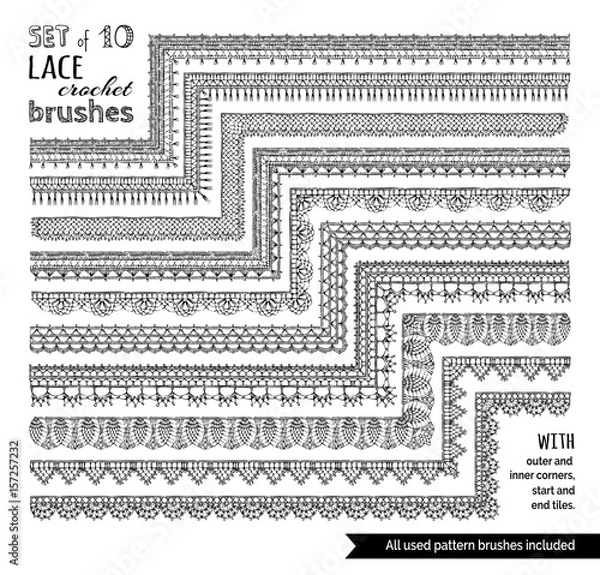 Fototapeta Vector set of 10 doodles lace knitting seamless brushes.