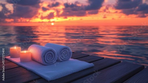 Fototapeta Wooden deck towels with ocean view in golden hour