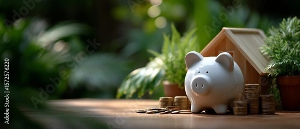 Fototapeta Investing for future growth piggy bank with coins and house in a lush green environment