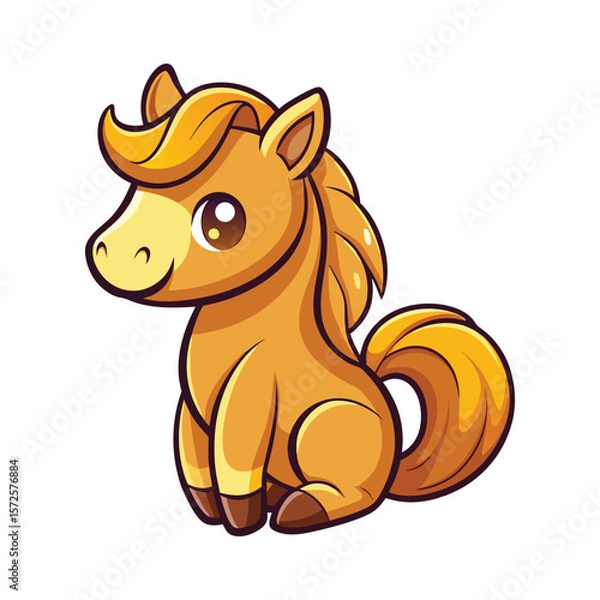 Fototapeta Cute cartoon horse with golden mane sitting happily isolated on white background