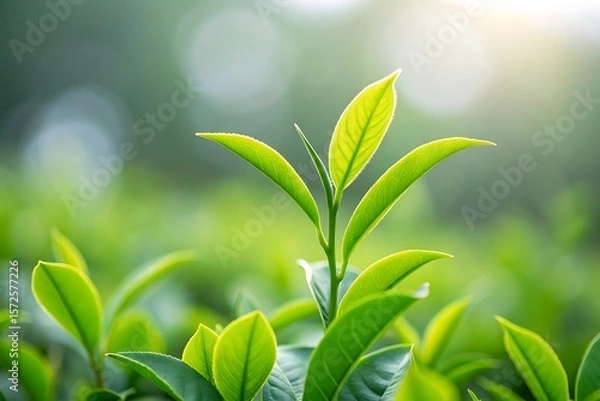 Obraz Vibrant green tea leaves unfurling in soft morning sunlight on a plantation with a blurred background