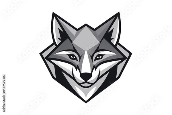 Fototapeta Geometric wolf emblem showcases stylized grayscale portrait facing forward with a sharp triangular design