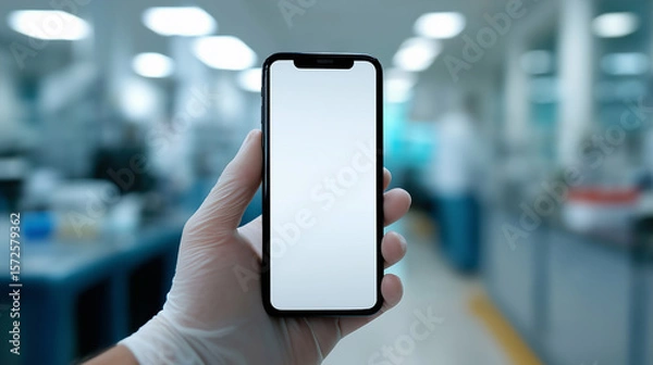 Fototapeta Close-up of a smartphone with a blank screen held in hand inside a modern laboratory.
