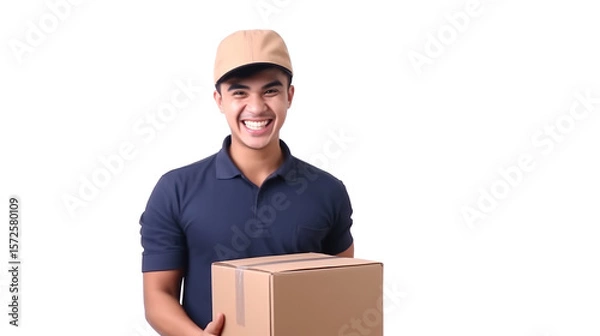 Obraz A delivery man in a uniform and a hat carrying a cardboard box smiles kindly on a transparent background. PNG
