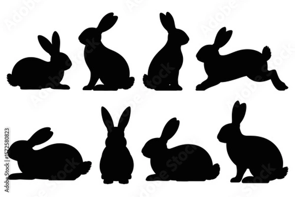 Fototapeta Silhouette of playful rabbits in different poses isolated on white background vector art